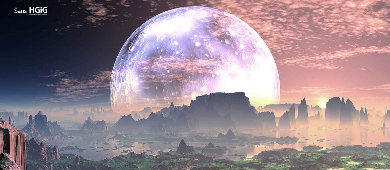 Une scène d’une aube sur une planète ressemblant à la Terre idyllique est divisée en deux parties - à gauche, l’image est plus terne et moins brillante et le texte indique Sans HGiG dans le coin supérieur gauche. à droite se trouve une scène plus lumineuse et le texte indique Avec HGiG dans le coin supérieur droit.