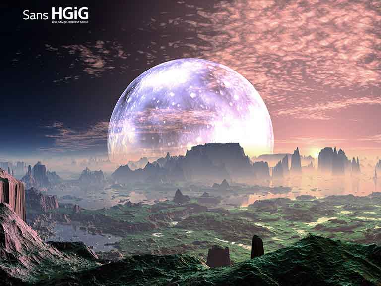 Une scène d’une aube sur une planète ressemblant à la Terre idyllique est divisée en deux parties - à gauche, l’image est plus terne et moins brillante et le texte indique Sans HGiG dans le coin supérieur gauche. à droite se trouve une scène plus lumineuse et le texte indique Avec HGiG dans le coin supérieur droit.