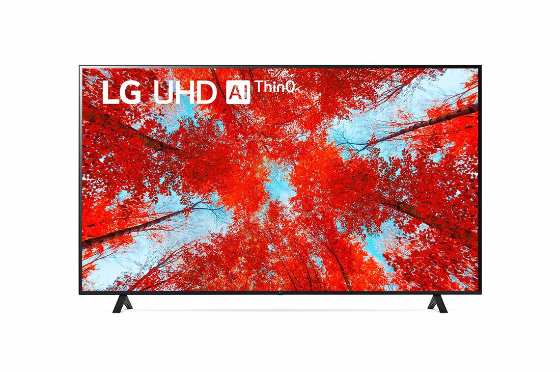 LG UHD 4K Smart TV de 86 pouces Série UQ90, Vue avant du téléviseur UHD de LG avec image de remplissage et logo du produit, 86UQ90006LC