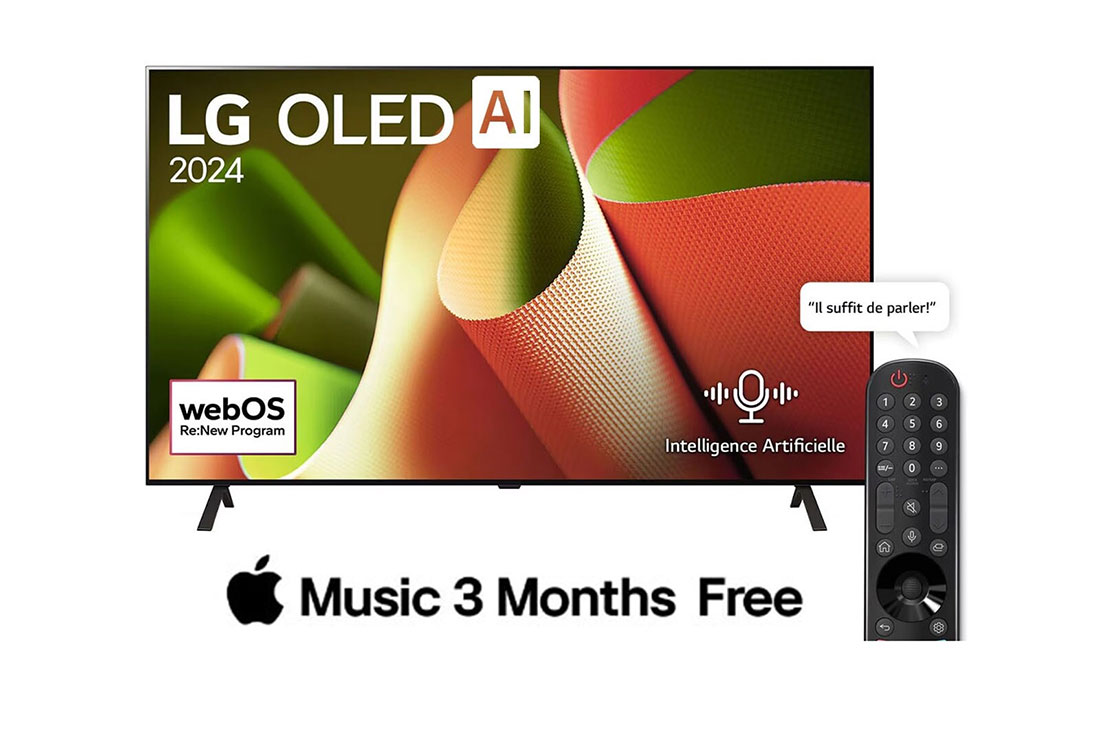 LG Smart TV  LG OLED AI B4 4K, 65 pouces, Télécommande Magique IA Dolby Vision webOS24 2024, Vue de face avec LG OLED TV, OLED B4, 11 ans en tant que numéro 1 mondial de l'emblème OLED et le logo du programme webOS Re:New sur l'écran avec un support à 2 p?les, OLED65B46LA
