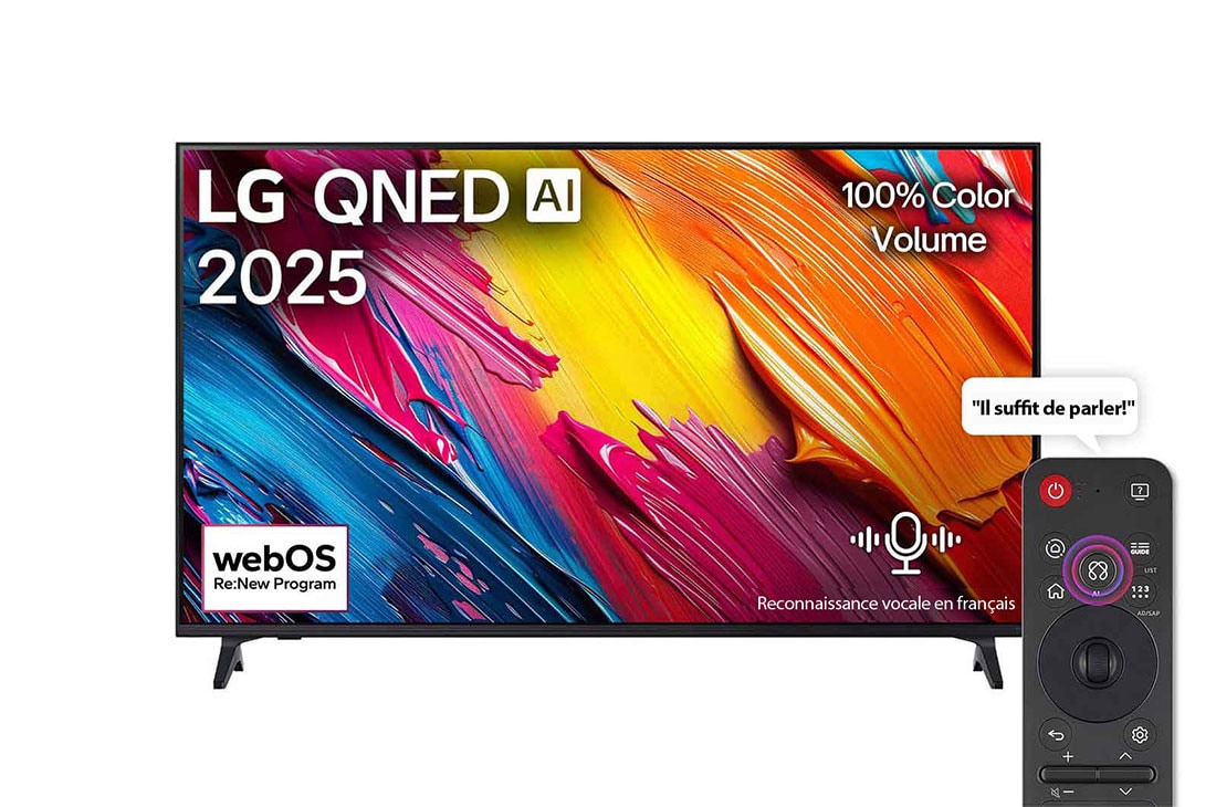 LG Smart TV LG QNED AI QNED70 4K 75 pouces Télécommande AI Magic Remote HDR10 webOS25 2025 , Vue avant de la LG QNED70 TV, logo LG QNED Al, dans le coin supérieur. La LG QNED TV représente des textures colorées semblables à de la peinture, réunies., 75QNED70A6A