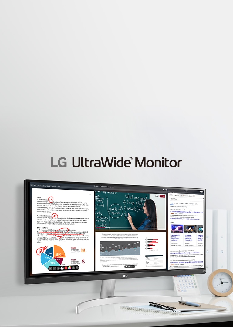 Image of LG UltraWide? Monitor product with split screen consisting of 4 different windows of a class material, an ongoing online class in a video with another class material displaying below of it and the portal site with searching words of LG UltraWide. 