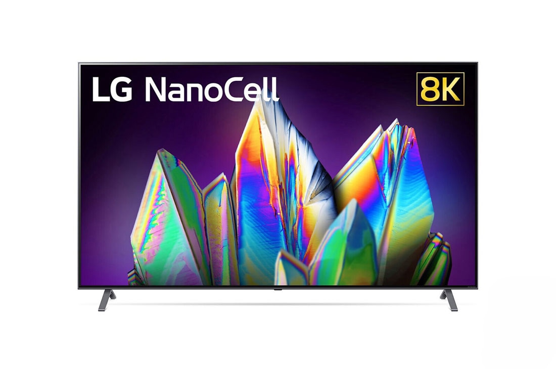 LG Телев?зор LG NanoCell 75NANO996NA з технолог??ю Real 8K та штучним ?нтелектом ThinQ, вид спереду ?з заливним зображенням та логотипом, 75NANO996NA