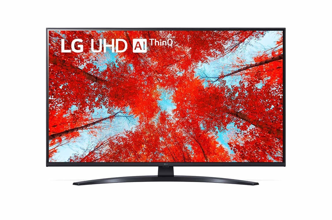 LG Телев?зор LG UQ91 | 43 дюйми | 4K | 2022, Вид телев?зора LG UHD спереду з показаним зображенням ? логотипом продукту, 43UQ91006LA