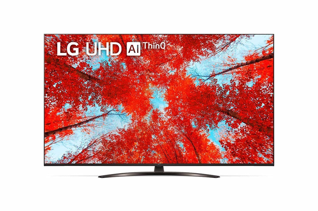 LG Телев?зор LG UQ91 | 65 дюйм?в | 4K | 2022, Вид телев?зора LG UHD спереду з показаним зображенням ? логотипом продукту, 65UQ91006LA