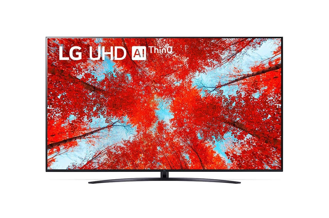 LG Телев?зор LG UQ91 | 75 дюйм?в | 4K | 2022, Вид телев?зора LG UHD спереду з показаним зображенням ? логотипом продукту, 75UQ91006LA
