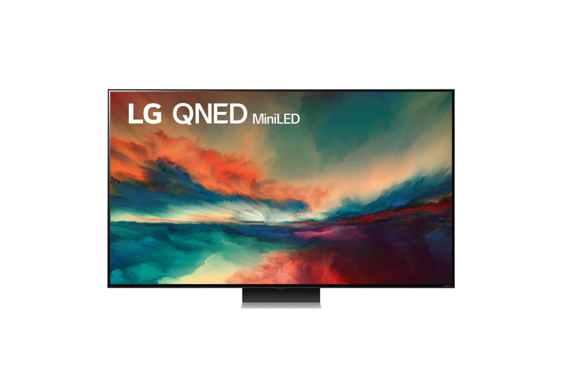 LG Телев?зор LG QNED MiniLED 86 | 65 дюйм?в | 4K | 2023, Вид телев?зора LG QNED спереду з показаним зображенням ? логотипом продукту, 65QNED866RE