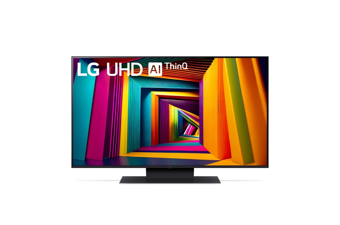 LG Телев?зор LG UHD AI UT91 | 43  дюйми | 4K | 2024, Вигляд спереду телев?зора LG UHD TV, UT91 ?з текстом LG UHD AI ThinQ, 2024 та логотипом Re:New Program webOS на екран?, 43UT91006LA