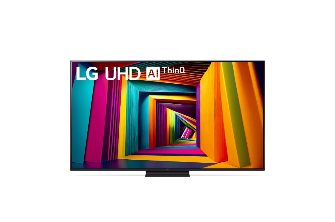 LG Телев?зор LG UHD AI UT91 | 65  дюйм?в | 4K | 2024, Вигляд спереду телев?зора LG UHD TV, UT91 ?з текстом LG UHD AI ThinQ, 2024 та логотипом Re:New Program webOS на екран?, 65UT91006LA