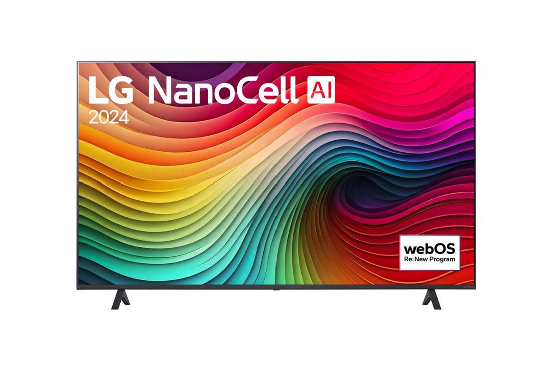 LG Телев?зор LG NanoCell AI 81 | 65  дюйм?в | 4K | 2024, Вигляд спереду телев?зора LG NanoCell TV, NANO80 ?з текстом LG NanoCell, 2024 та логотипом Re:New Program webOS на екран?, 65NANO81T6A