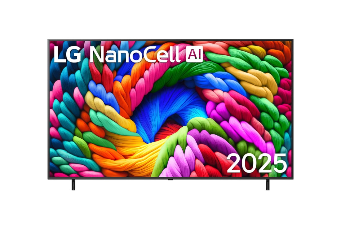 LG Телев?зор LG NanoCell AI NANO90 | 75 дюйм?в | 4K Smart TV | 2025, Вид спереду на NanoCell NANO90 TV, логотип LG NanoCell Al у верхньому кут?. LG NanoCell TV демонстру? р?знокольоров? текстури, схож? на фарби, що зливаються во?дино., 75NANO90A6B