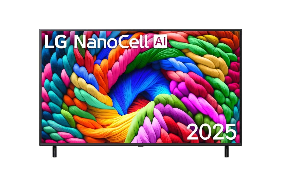LG Телев?зор LG NanoCell AI NANO90 | 55 дюйм?в | 4K Smart TV | 2025, Вид спереду на NanoCell NANO90 TV, логотип LG NanoCell Al у верхньому кут?. LG NanoCell TV демонстру? р?знокольоров? текстури, схож? на фарби, що зливаються во?дино., 55NANO90A6B