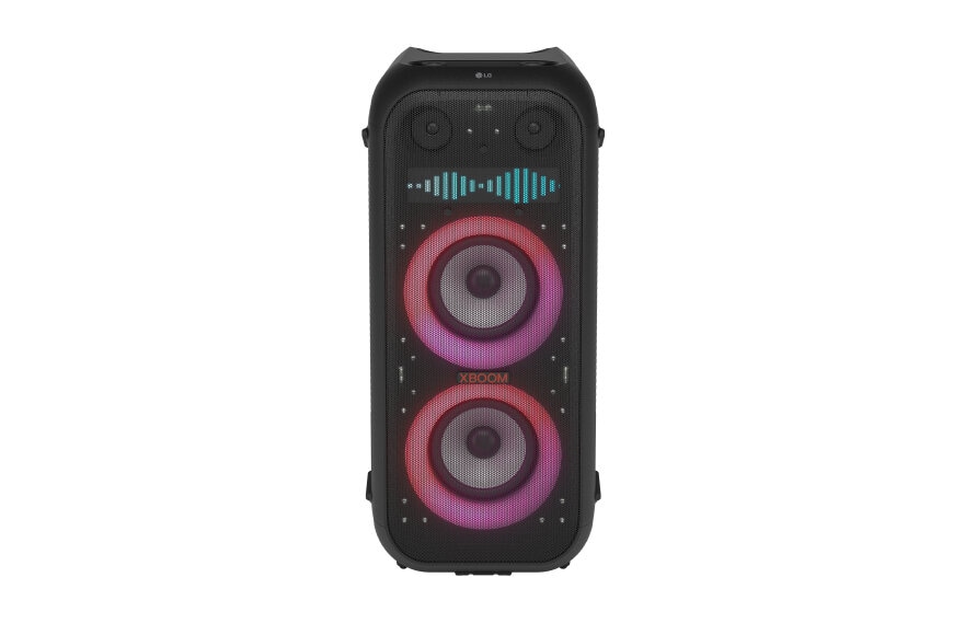 LG Portable XBOOM Speaker against background of soundwaves