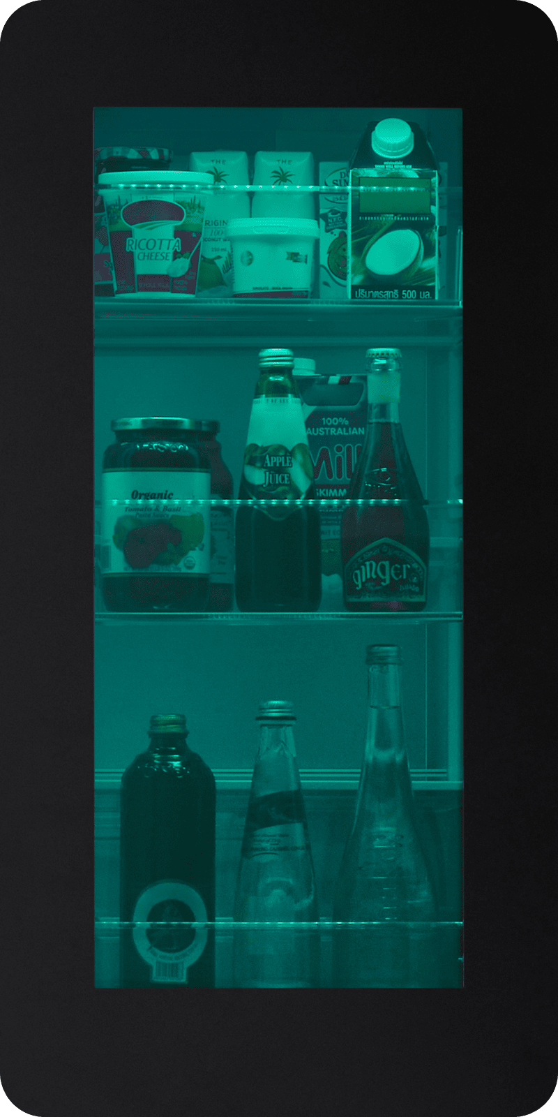 Close-up view of the LG InstaView? MyColor? Refrigerator with vibrant LED color