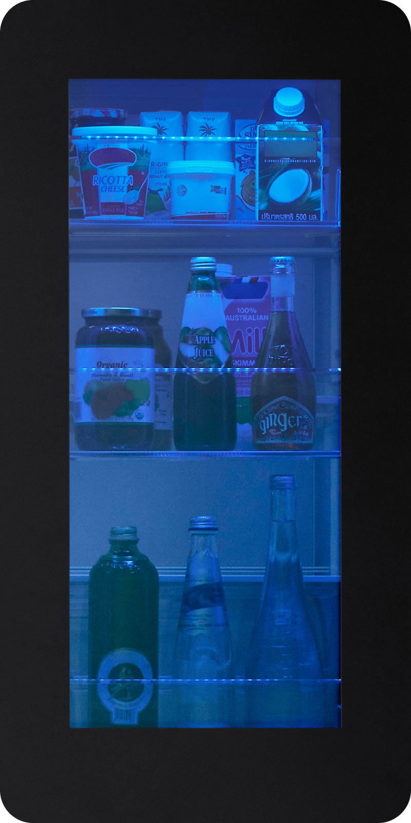 Close-up view of the LG InstaView? MyColor? Refrigerator with vibrant LED color