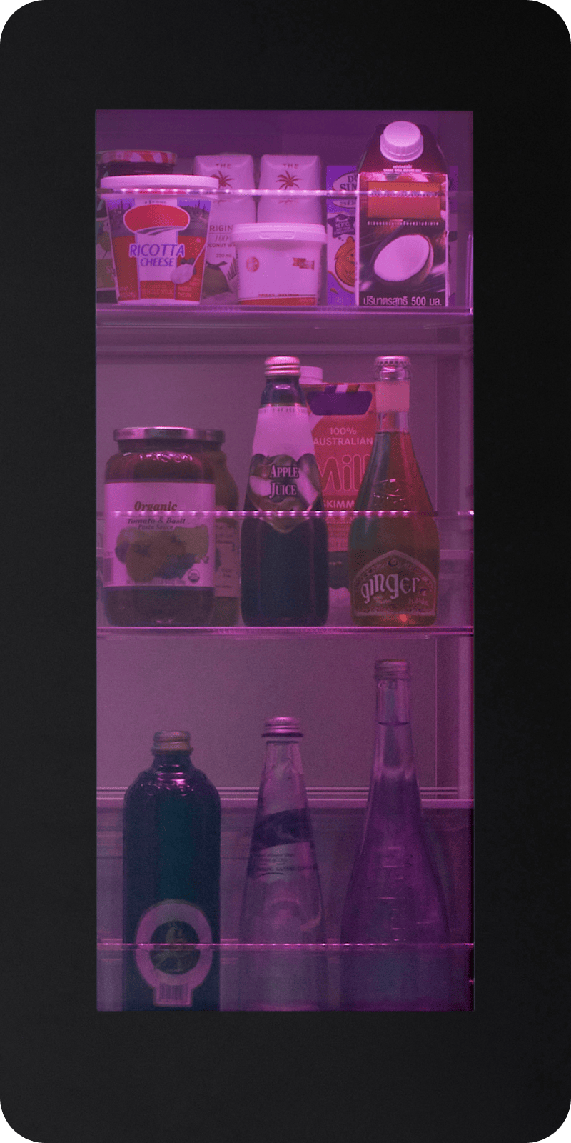 Close-up view of the LG InstaView? MyColor? Refrigerator with vibrant LED color