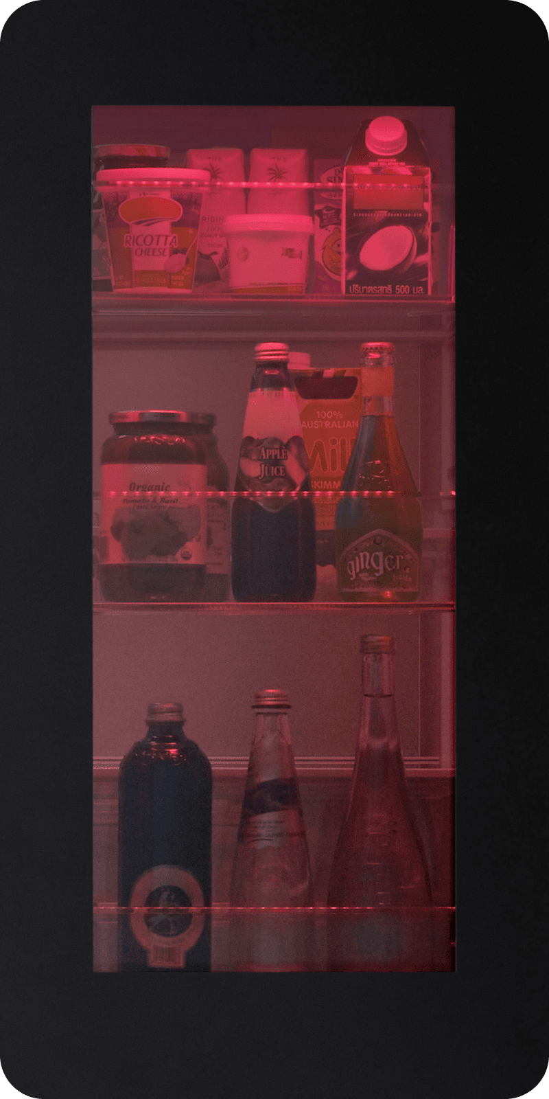 Close-up view of the LG InstaView? MyColor? Refrigerator with vibrant LED color