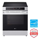 LG smart induction range with digital controls, in stainless steel. Next to it, the Energy Star certification badge and LG Reliability Badge that says, “Brought to you by America’s most reliable line of appliances.”