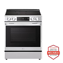 LG smart induction range with knob controls, in stainless steel. Next to it is the LG Reliability Badge that says, “Brought to you by America’s most reliable line of appliances.”