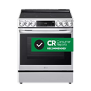 LG smart induction range with knob controls, in stainless steel. Next to it is the Consumer Reports badge that says, “Consumer Reports recommended.”