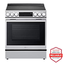 LG smart induction range with knob controls, in stainless steel. Next to it is the LG Reliability Badge that says “Brought to you by America’s most reliable line of appliances.”