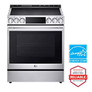 LG smart induction range with digital controls, in stainless steel. Next to it, the Energy Star certification badge and LG Reliability Badge that says, “Brought to you by America’s most reliable line of appliances.”