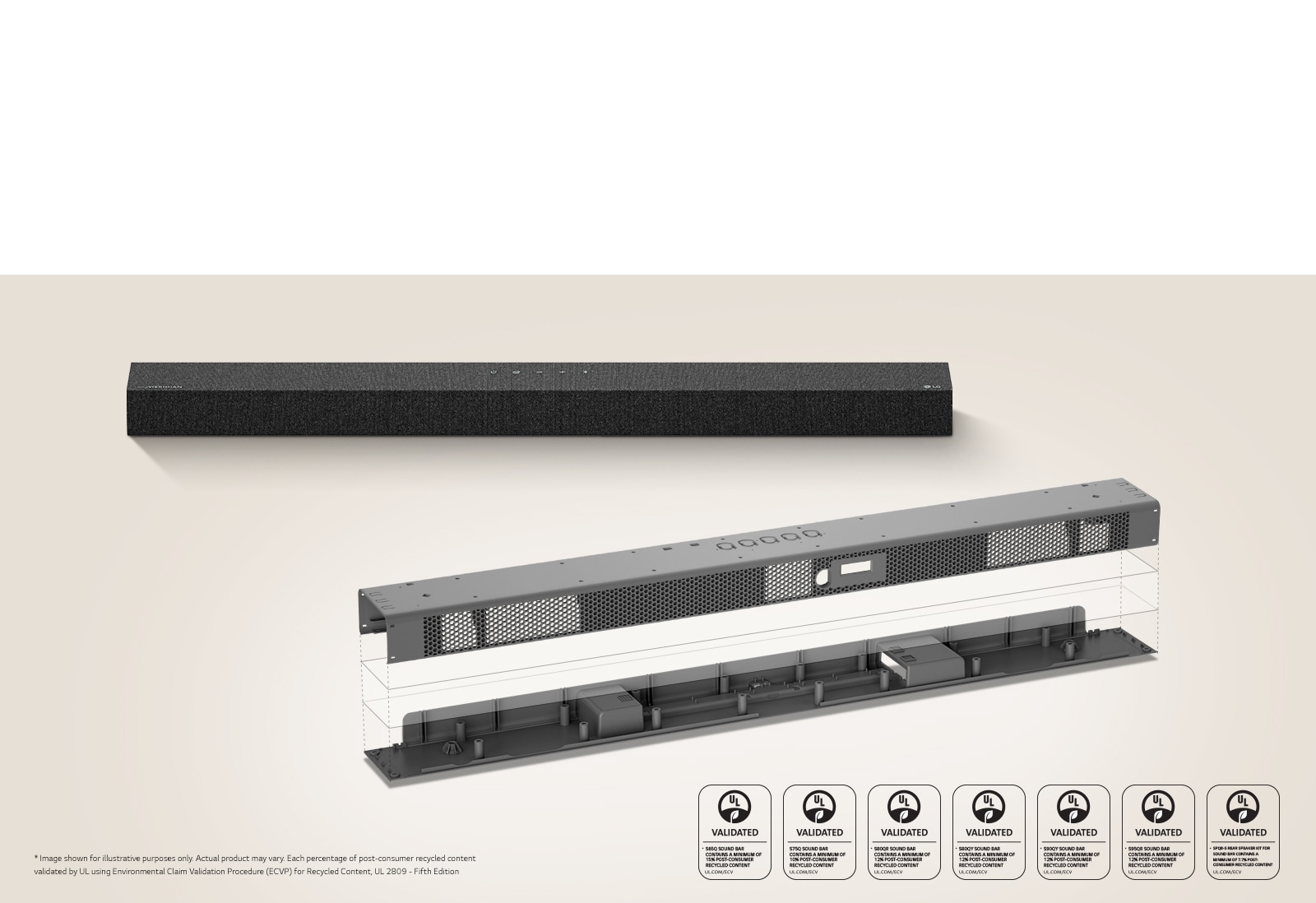 Breakdown of the inside of a LG Soundbar showing recycled plastic as the top and bottom parts