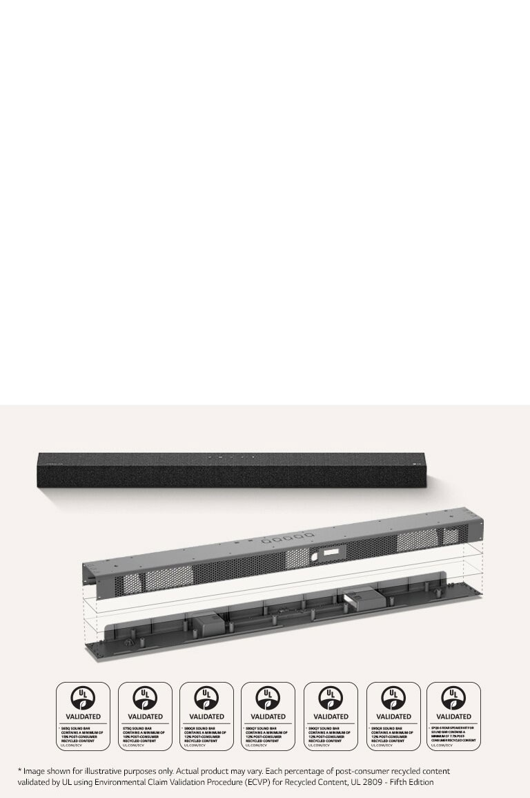 Breakdown of the inside of a LG Soundbar showing recycled plastic as the top and bottom parts