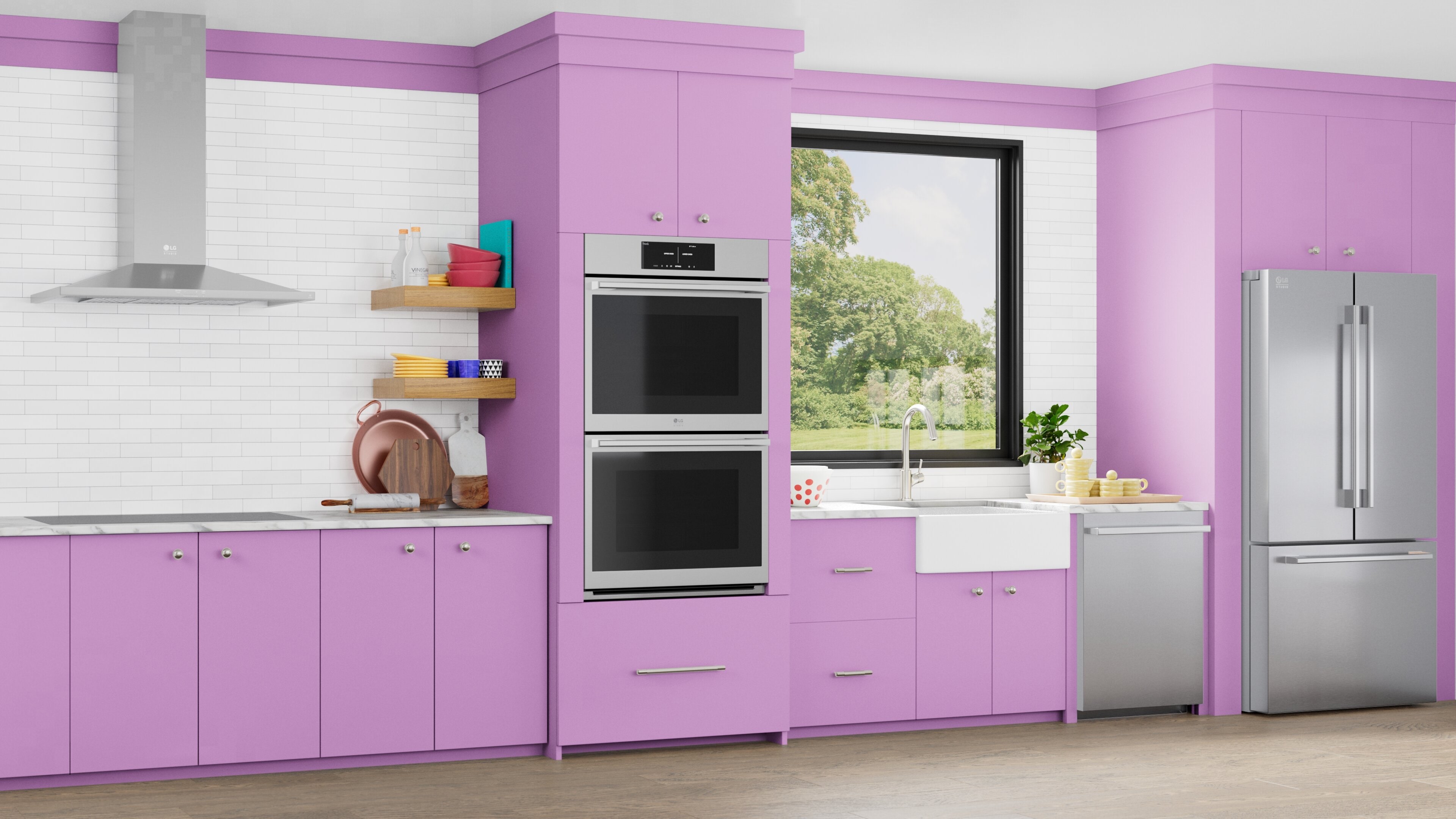 The 'Vibe Setter' interface allows users to customize their kitchen design by selecting 'Finish' and 'Vibe' for LG Studio appliances.