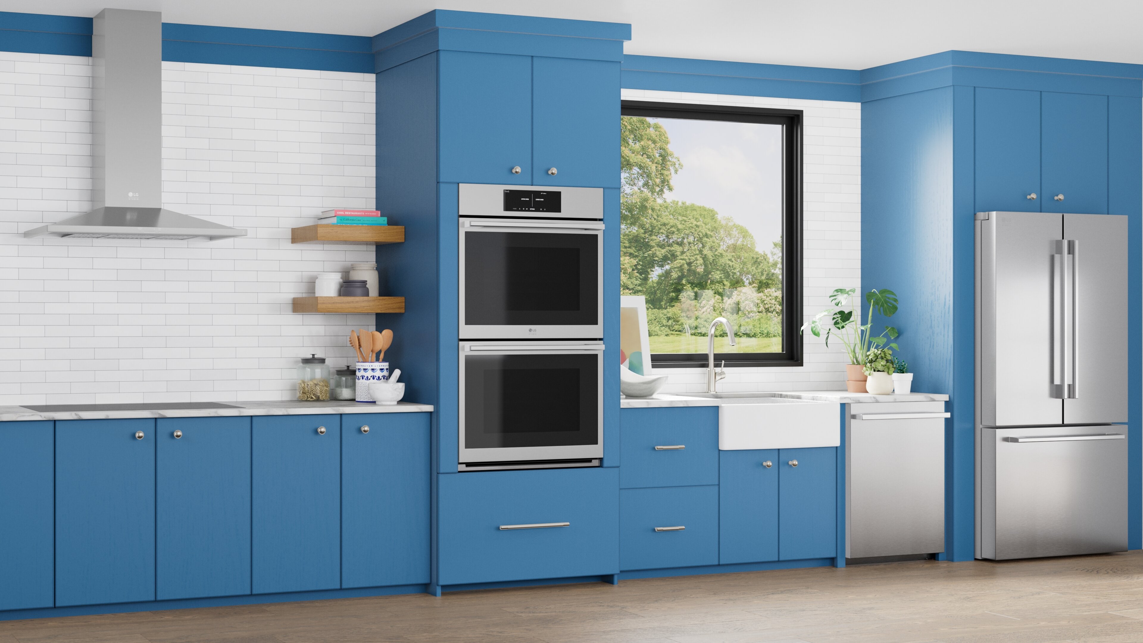 The 'Vibe Setter' interface allows users to customize their kitchen design by selecting 'Finish' and 'Vibe' for LG Studio appliances.