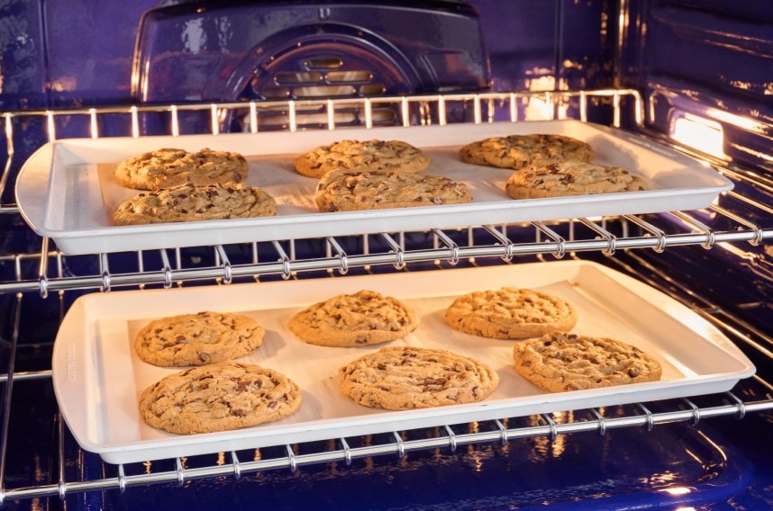 Cookies baking in the LG ProBake convection oven with even heat distribution on two racks.
