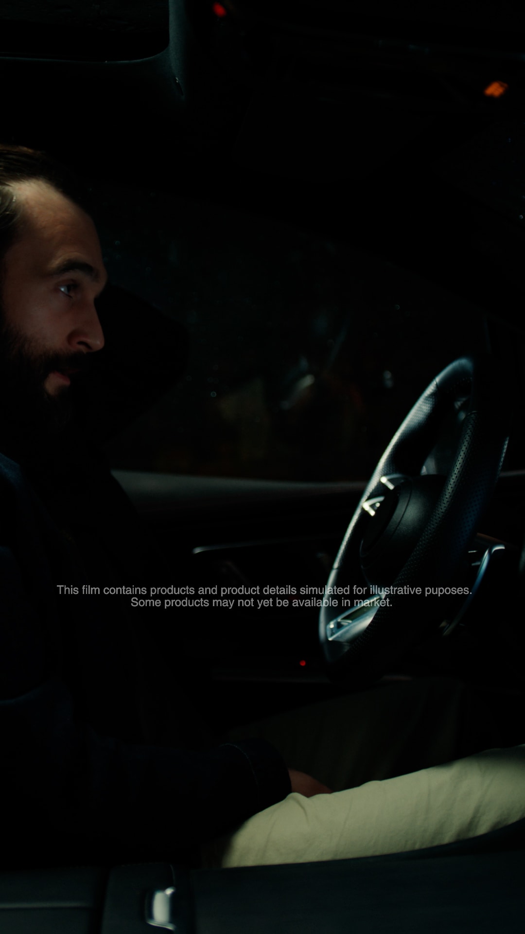 A man is sitting in a car, feeling sad. When the LG AI device shows him a family photo, the man smiles.