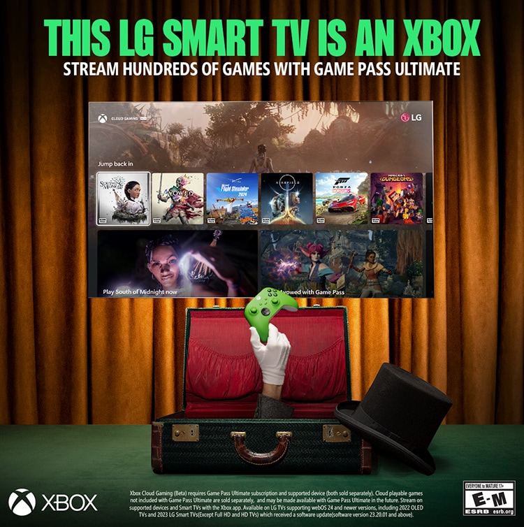 White-gloved hand with Xbox controller rises from suitcase; Xbox Cloud Gaming menu on LG TV in background.