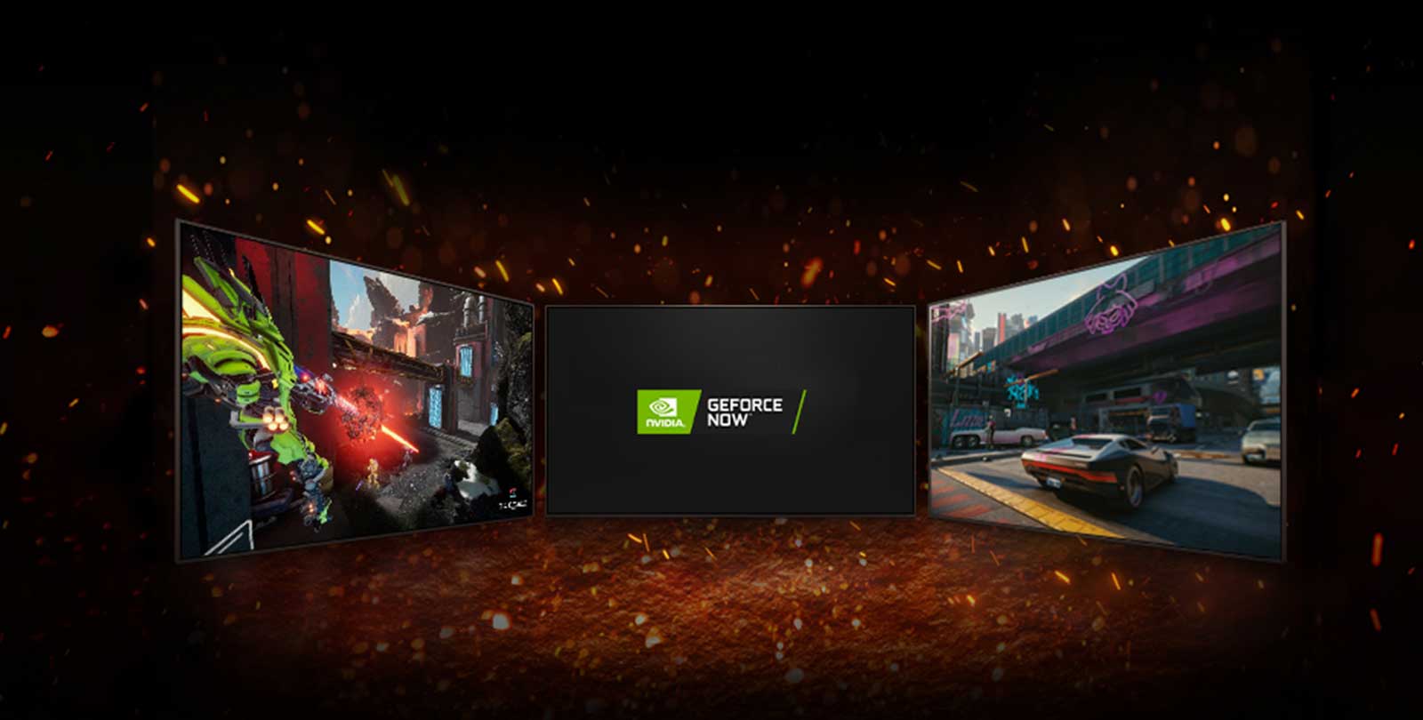 Tasvirda uchta televizor aks etgan. Ekran markazida o?zaro diagonal joylashtirilgan ikkita logotip aks etgan: NVIDIA GeFORCE NOW logotipi. Chapdagi televizor Splitgate o?yinini, o?ngdagisi esa Cyberpunk 2077 o?yinini ko?rsatadi.  