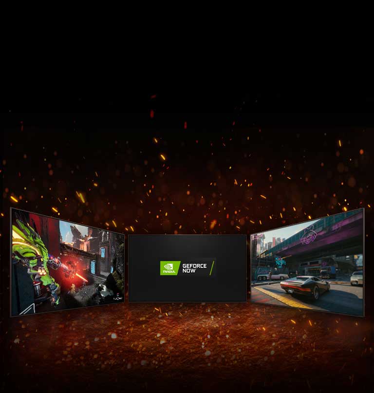 Tasvirda uchta televizor aks etgan. Ekran markazida o?zaro diagonal joylashtirilgan ikkita logotip aks etgan: NVIDIA GeFORCE NOW logotipi. Chapdagi televizor Splitgate o?yinini, o?ngdagisi esa Cyberpunk 2077 o?yinini ko?rsatadi.  