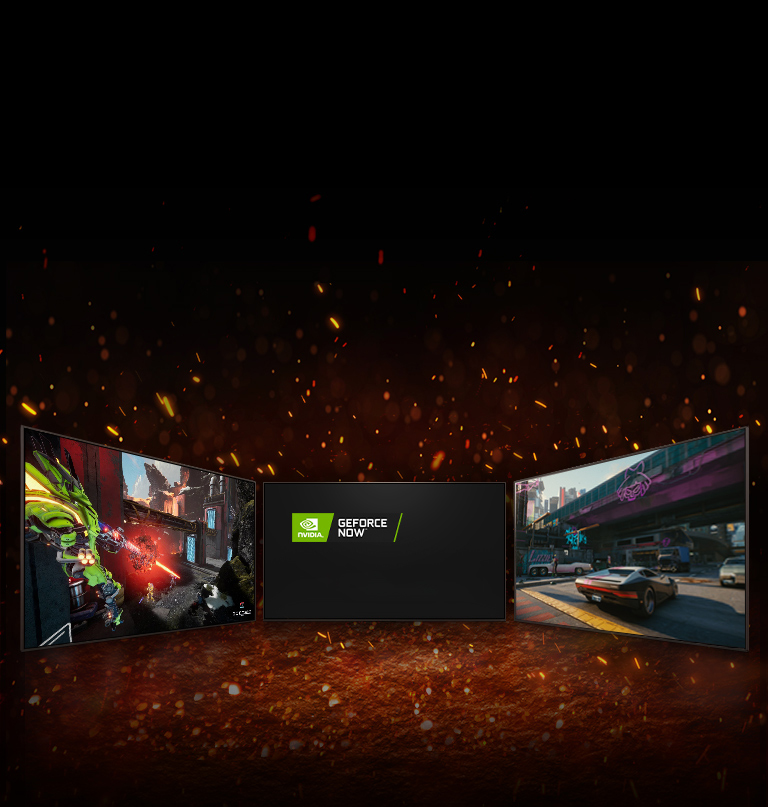 Uchta televizor ko?rsatilgan. O?rtadagi ekranda diagonaliga ikkita logotip – NVIDIA GeFORCE NOW va STADIA logotiplari joylashgan. Chapdagi televizorda Splitgate va o?ngdagisida Cyberpunk 2077 ko?rsatilgan.  