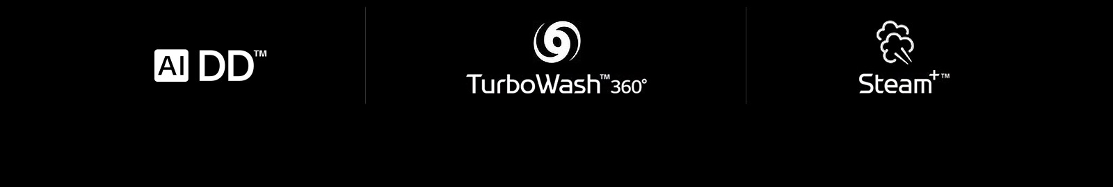 Quyidagi to?rtta LG belgilari joylashgan qator: AI DD belgisi. TurboWash 360 belgisi. Steam belgisi.