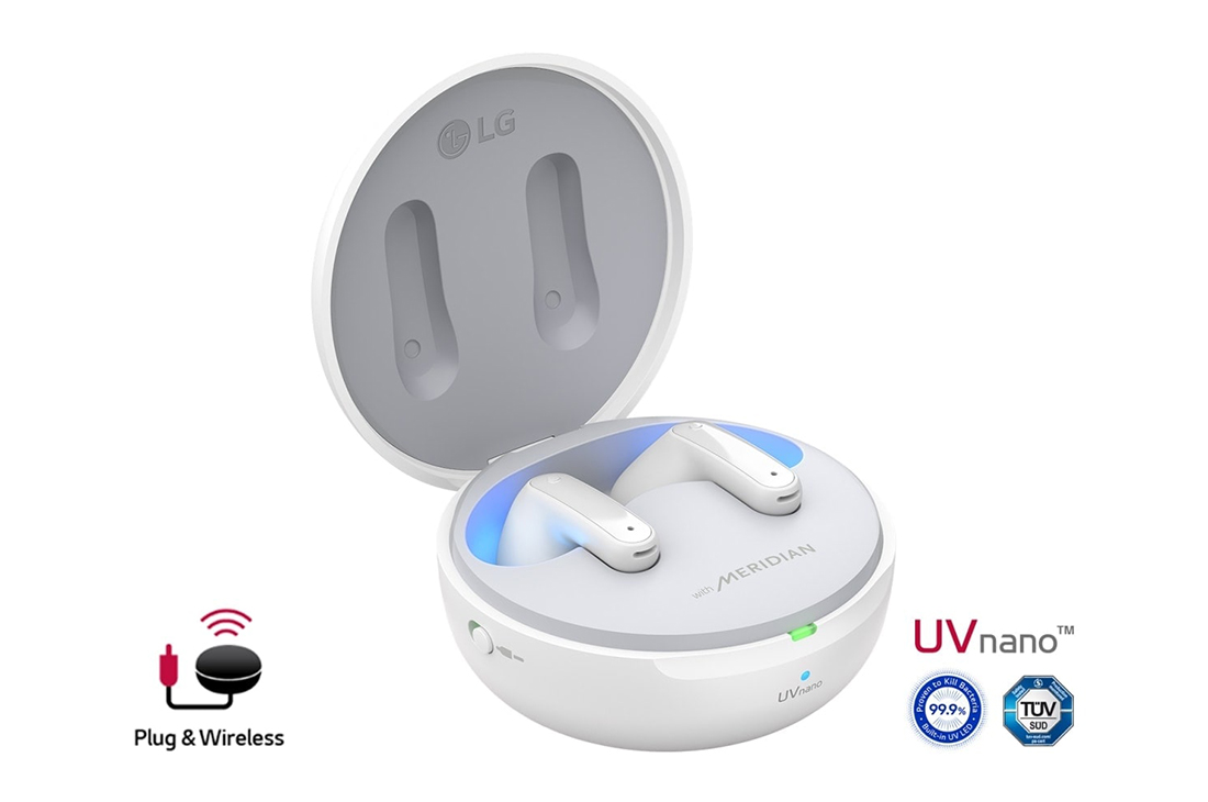 LG Tone Free FP9W UV Nano, Medical Grade Ear gellari, Plug n Wireless, meridian tovushi, faol shovqinni bekor qilish, 24 soat batareya, Quloqliklarni toping, Tez zaryadlash, 3D tovush, shivirlash rejimi, LG TONEFree ilovasi., A 15 degrees angle of cradle opened up with mood lighting on and UVnano and Plug&wireless logos, TONE-FP9W