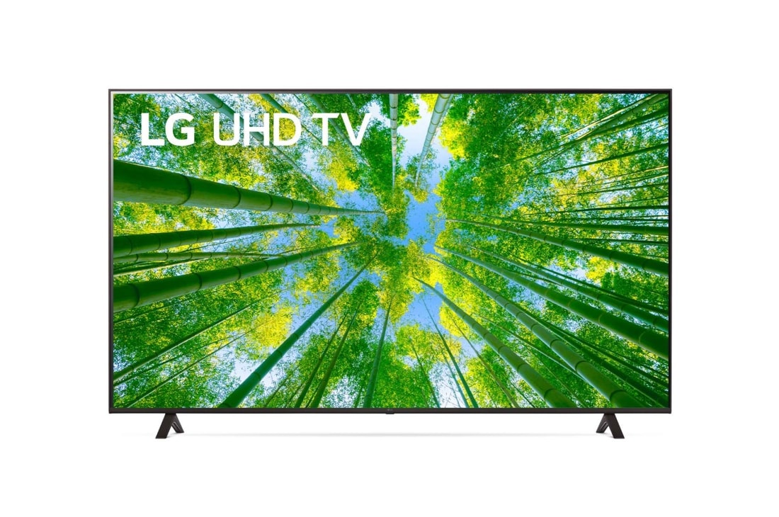 LG televizori | UQ80 | 75'' | 4K | Smart UHD | 60 Gz, LG UHD televizorining to?ldiruvchi rasm va mahsulot logotipi bilan old tomondan ko?rinishi, 75UQ80006LB