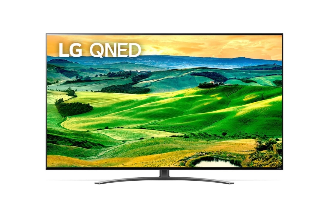 LG QNED 816 | 55'' | 4K | Smart | webOS | Air Sound Pro, LG QNED televizorining to?ldiruvchi rasm va mahsulot logotipi bilan old tomondan ko?rinishi, 55QNED816QA