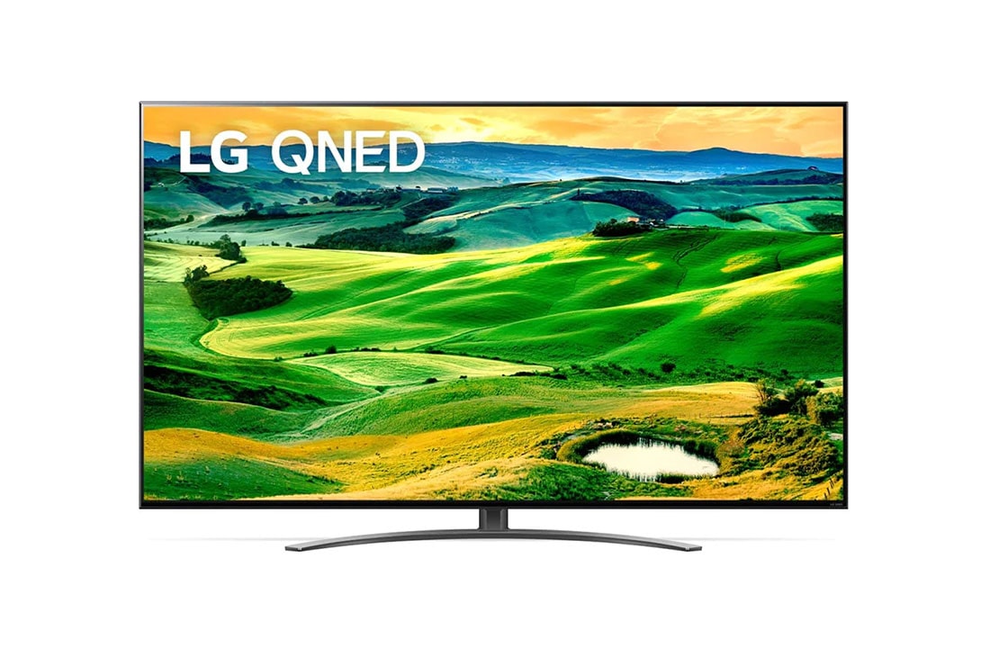 LG QNED 816 | 65'' | 4K | Smart | webOS | Air Sound Pro, LG QNED televizorining to?ldiruvchi rasm va mahsulot logotipi bilan old tomondan ko?rinishi, 65QNED816QA