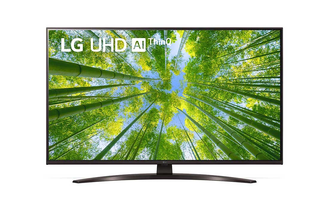 LG televizori | UQ81 | 43'' | 4K | Smart UHD | 60 Gz, LG UHD televizorining to?ldiruvchi rasm va mahsulot logotipi bilan old tomondan ko?rinishi, 43UQ81009LC