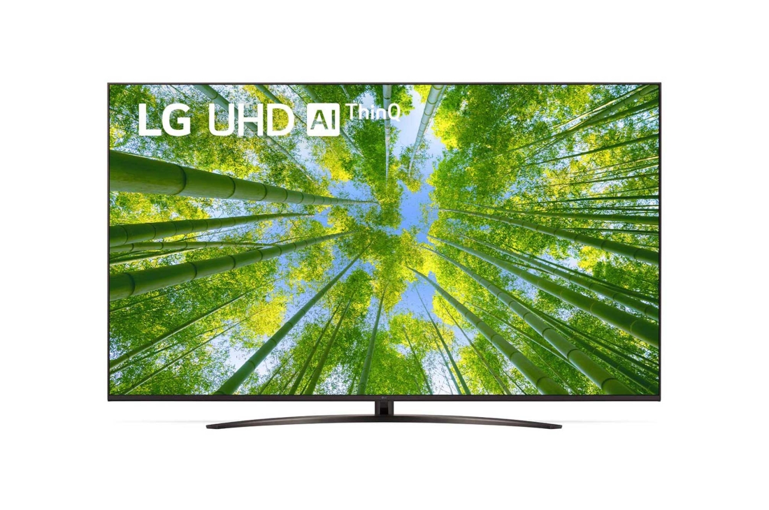 LG televizori |UQ81 | 75'' | 4K | Smart UHD | 60 Gz, LG UHD televizorining to?ldiruvchi rasm va mahsulot logotipi bilan old tomondan ko?rinishi, 75UQ81009LC