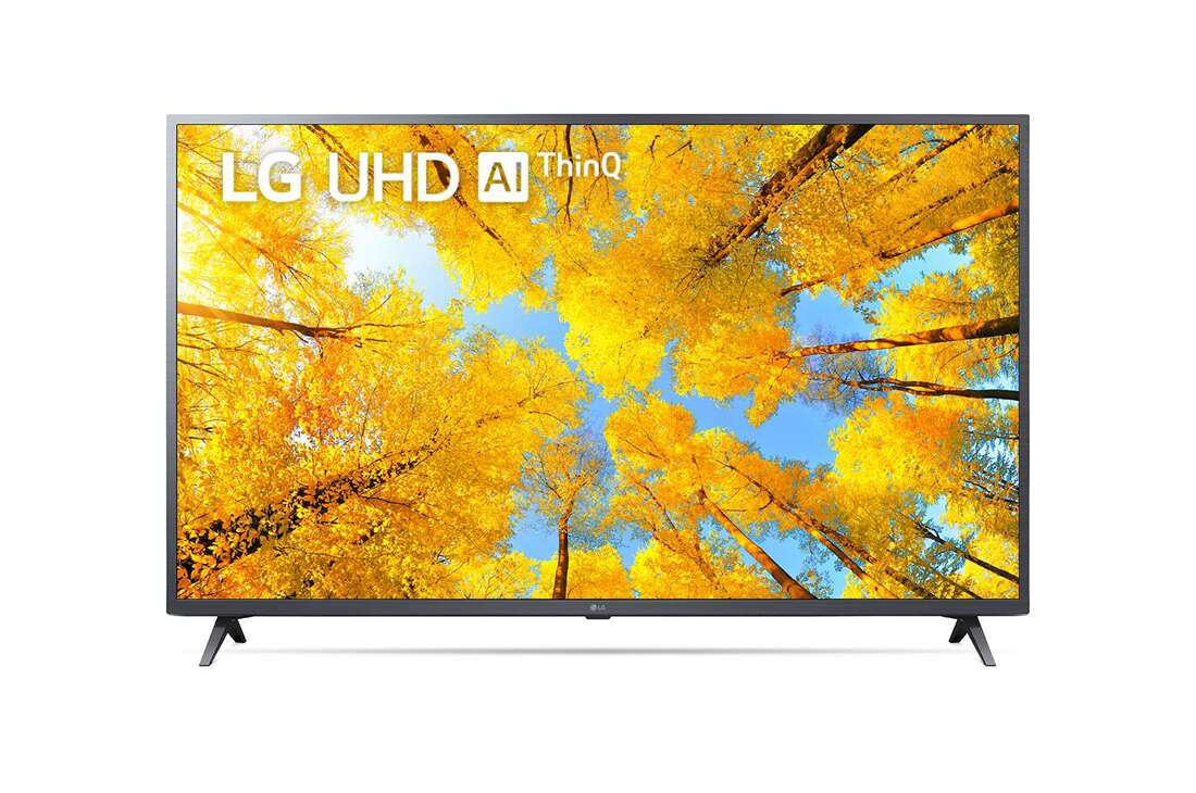 LG televizori | UQ76 | 65'' | 4K | Smart UHD | 60 Gz, LG UHD televizorining to?ldiruvchi rasm va mahsulot logotipi bilan old tomondan ko?rinishi, 65UQ76003LD