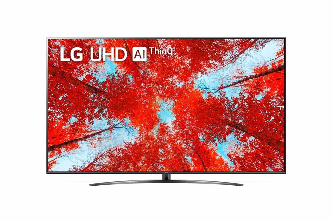 LG televizori | UQ91 | 75'' | 4K | Smart UHD | 120 Gz, LG UHD televizorining to?ldiruvchi rasm va mahsulot logotipi bilan old tomondan ko?rinishi, 75UQ91009LD