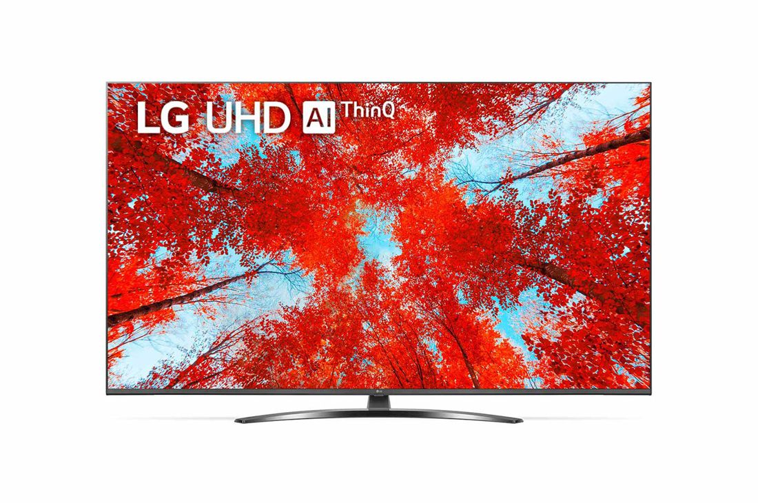 LG televizori | UQ91 | 55'' | 4K | Smart UHD | 120 Gz, LG UHD televizorining to?ldiruvchi rasm va mahsulot logotipi bilan old tomondan ko?rinishi, 55UQ91009LD