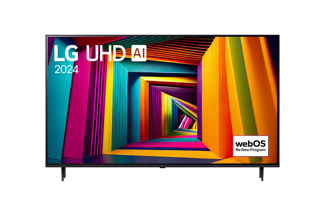 LG 43 dyuymli LG UHD UT91 4K Smart TV 2024, LG UHD TV, UT91 televizorining LG UHD AI ThinQ, 2024 matni va ekranda webOS Re:New Program log logotipi bilan old tomondan ko‘rinishi, 43UT91006LA