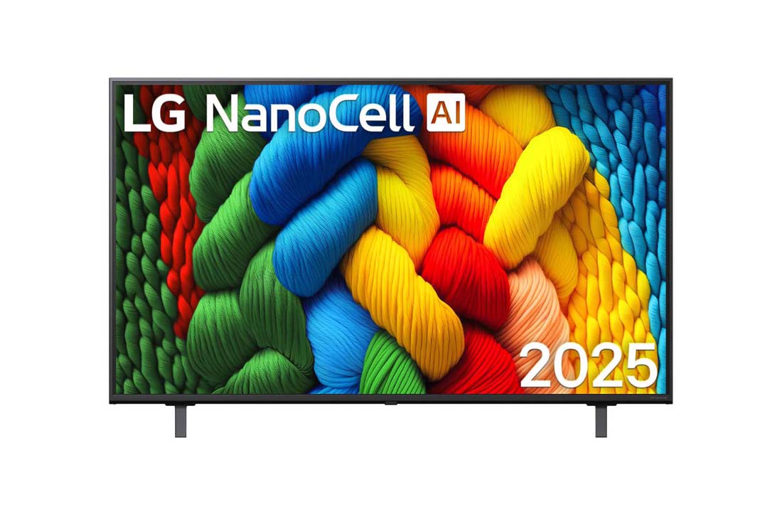 LG 50 dyuymli LG NanoCell AI NANO81 4K Smart TV 2025, NanoCell TV televizorining old tomondan ko‘rinishi, yuqori burchakda LG NanoCell Al logotipi. LG NanoCell NANO80 TV rang-barang bo‘yoq teksturalarini birlashtirganini tasvirlaydi., 50NANO81A6A