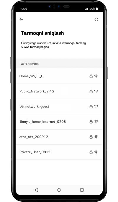 LG ThinQ ilovasidan foydalanish va mahsulotni registratsiya qilishga oid qo?llanmaning beshinchi qadami. LG ThinQ ilovasi yordamida foydalanuvchi qurilmaning Wi-Fi tarmog?ini qanday tanlaydi (demo)