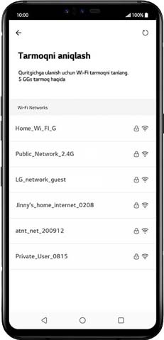 LG ThinQ ilovasidan foydalanish va mahsulotni registratsiya qilishga oid qo?llanmaning beshinchi qadami. LG ThinQ ilovasi yordamida foydalanuvchi qurilmaning Wi-Fi tarmog?ini qanday tanlaydi (demo)